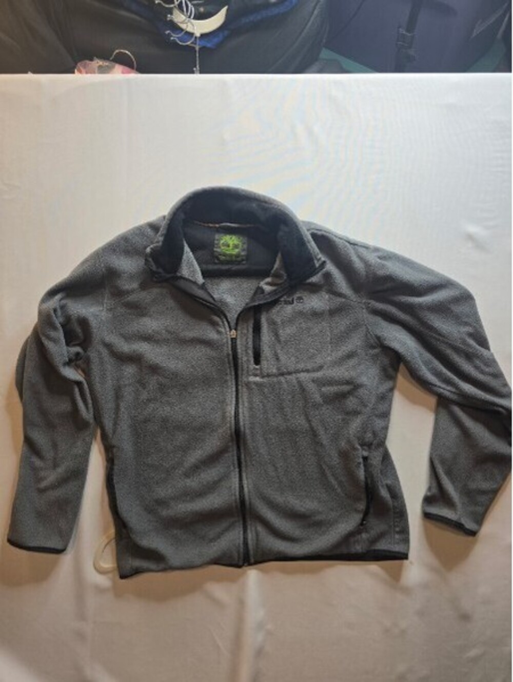 Timberland Men's L Full Zip Grey Fleece Jacket Mock Neck Chest Pocket FLAW